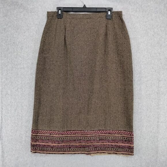 VTG Sag Harbor Skirt Womens Size 14 Brown Wool Blend Fringe Tweed Embroidered - Picture 1 of 10